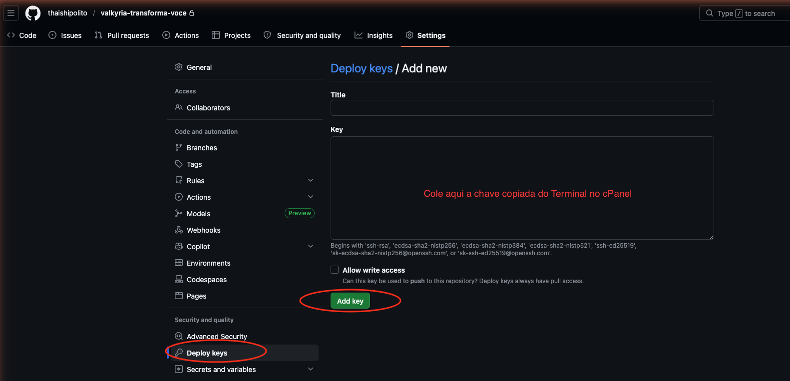 GitHub - formulario Deploy Key preenchido