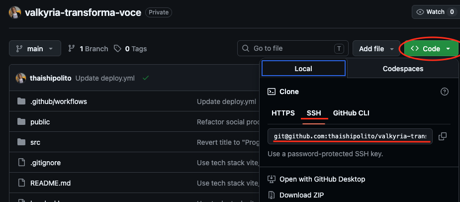 cPanel - formulario preenchido com URL SSH