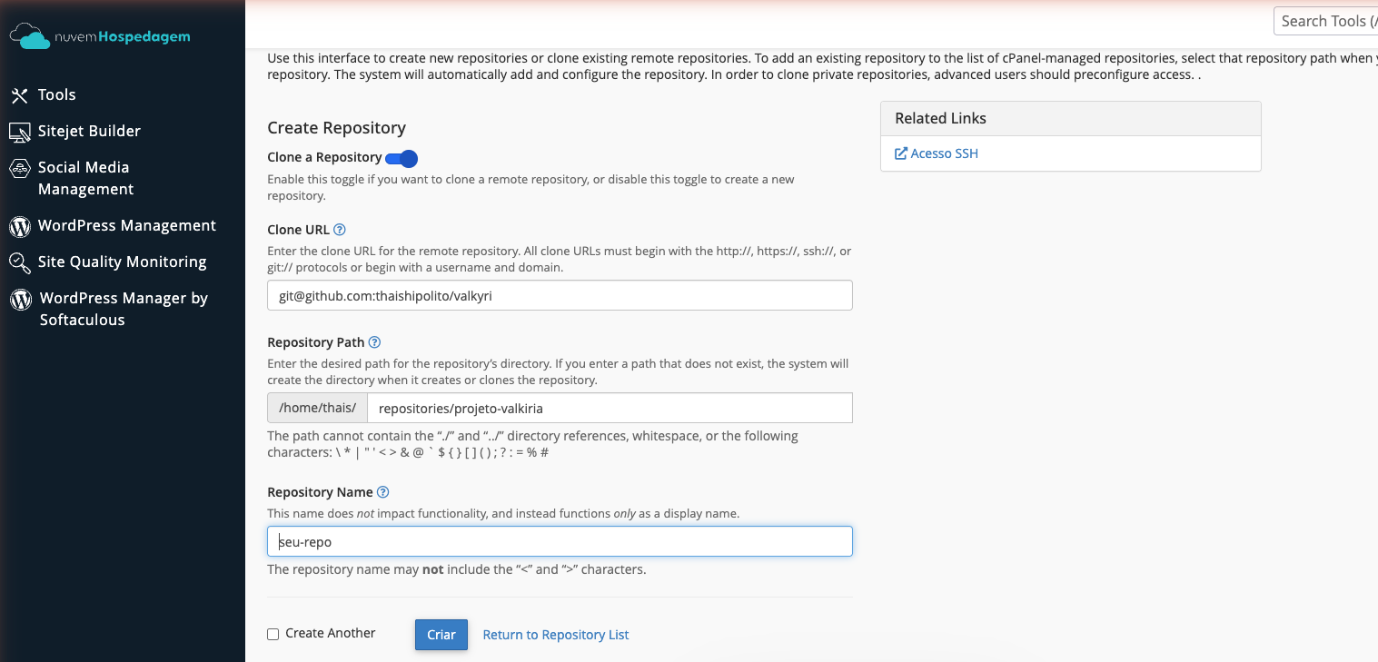cPanel - formulario preenchido com URL SSH