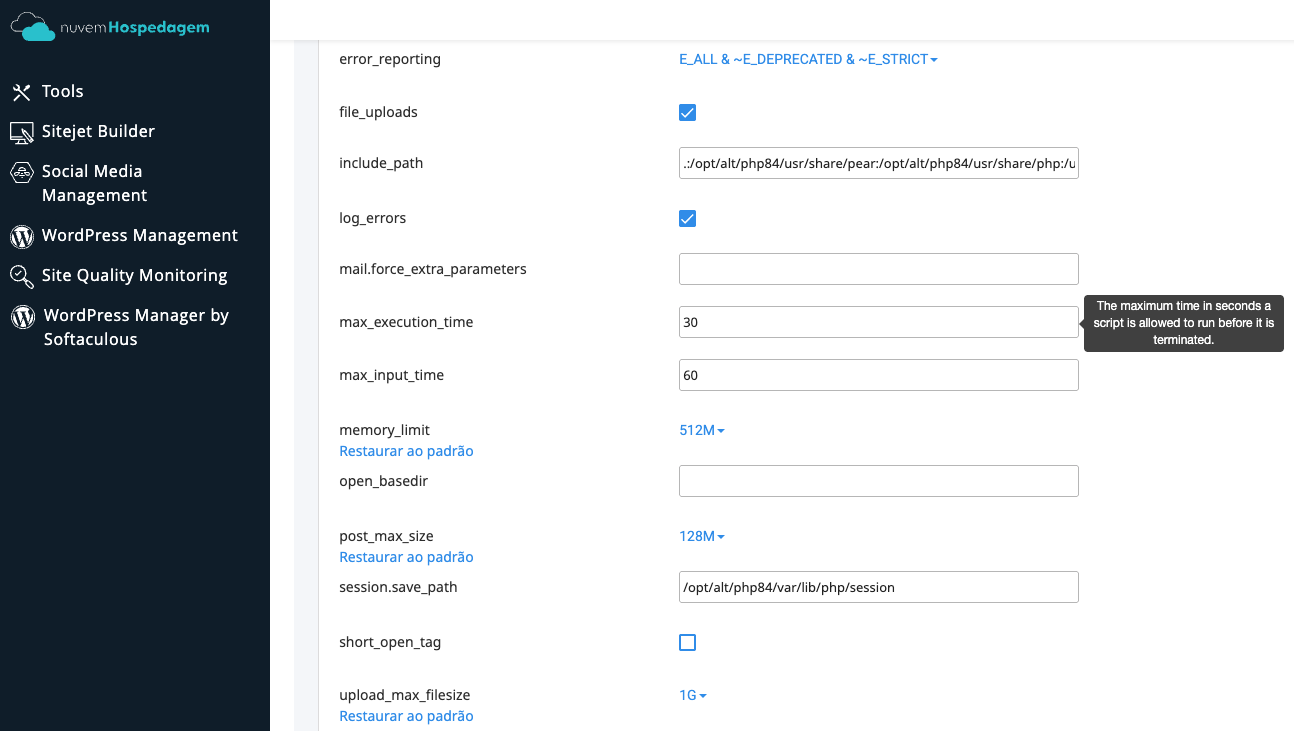 Lista de limites do PHP nas Opcoes do cPanel