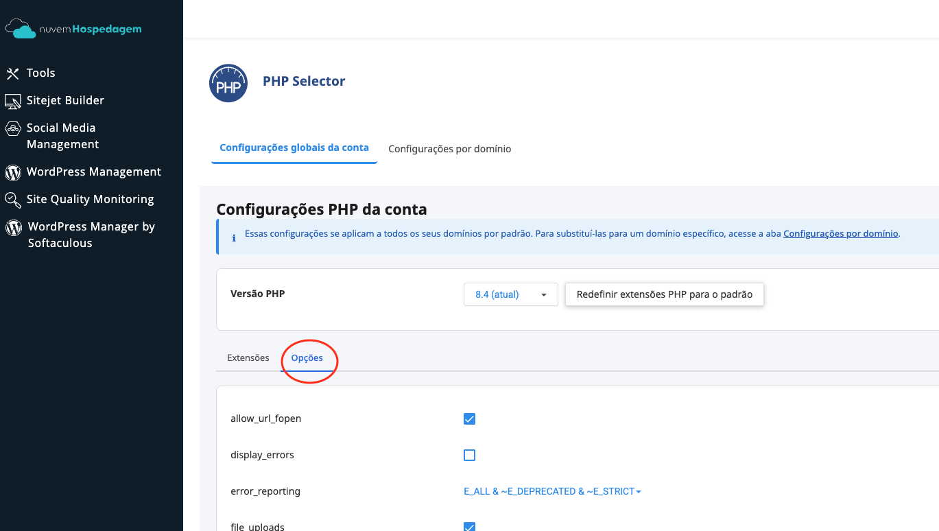Aba Opcoes na ferramenta de PHP do cPanel