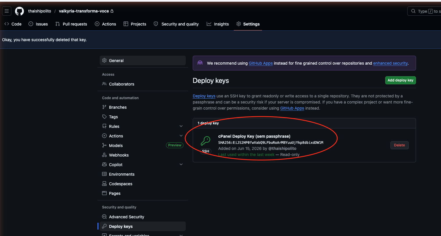 GitHub - deploy keys adicionadas com sucesso