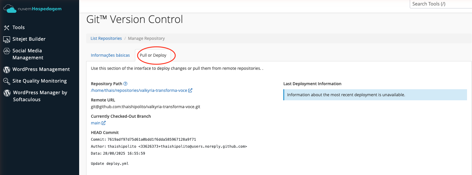 cPanel - aba Pull or Deploy com botoes de deploy
