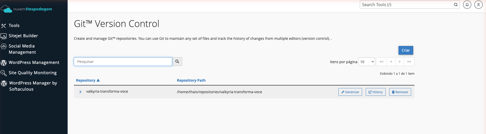 cPanel - repositorio criado com sucesso na lista