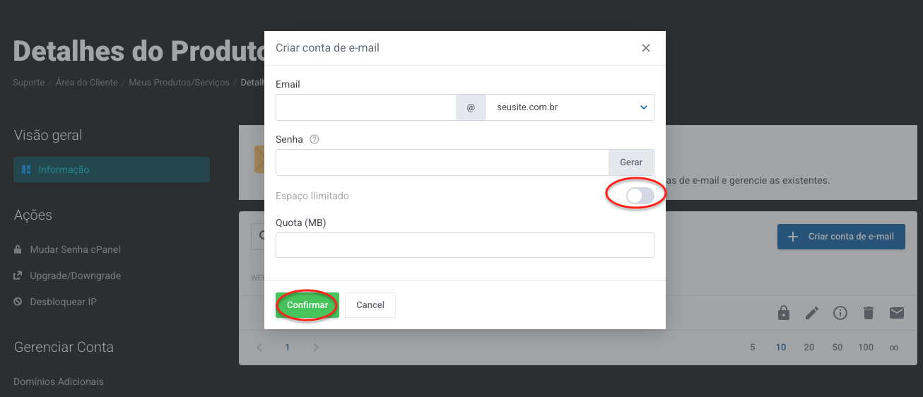 Janela para criar conta de e-mail personalizada