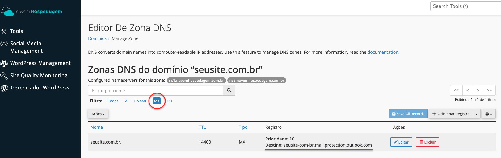 Filtrar registros MX e editar o valor no Zone Editor do cPanel