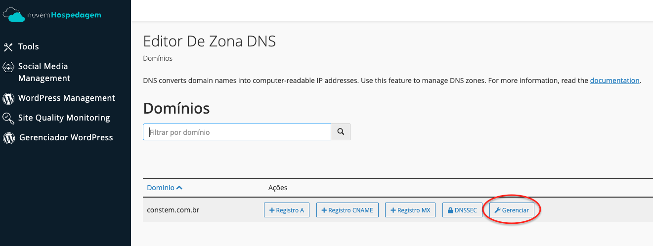 Botão Gerenciar da zona DNS no cPanel