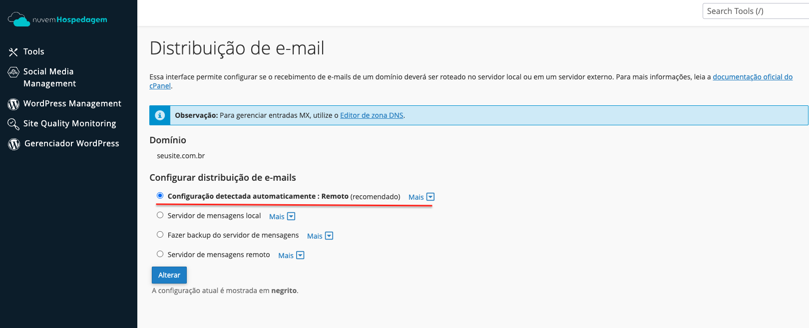 Opção Servidor de e-mail remoto marcada no cPanel